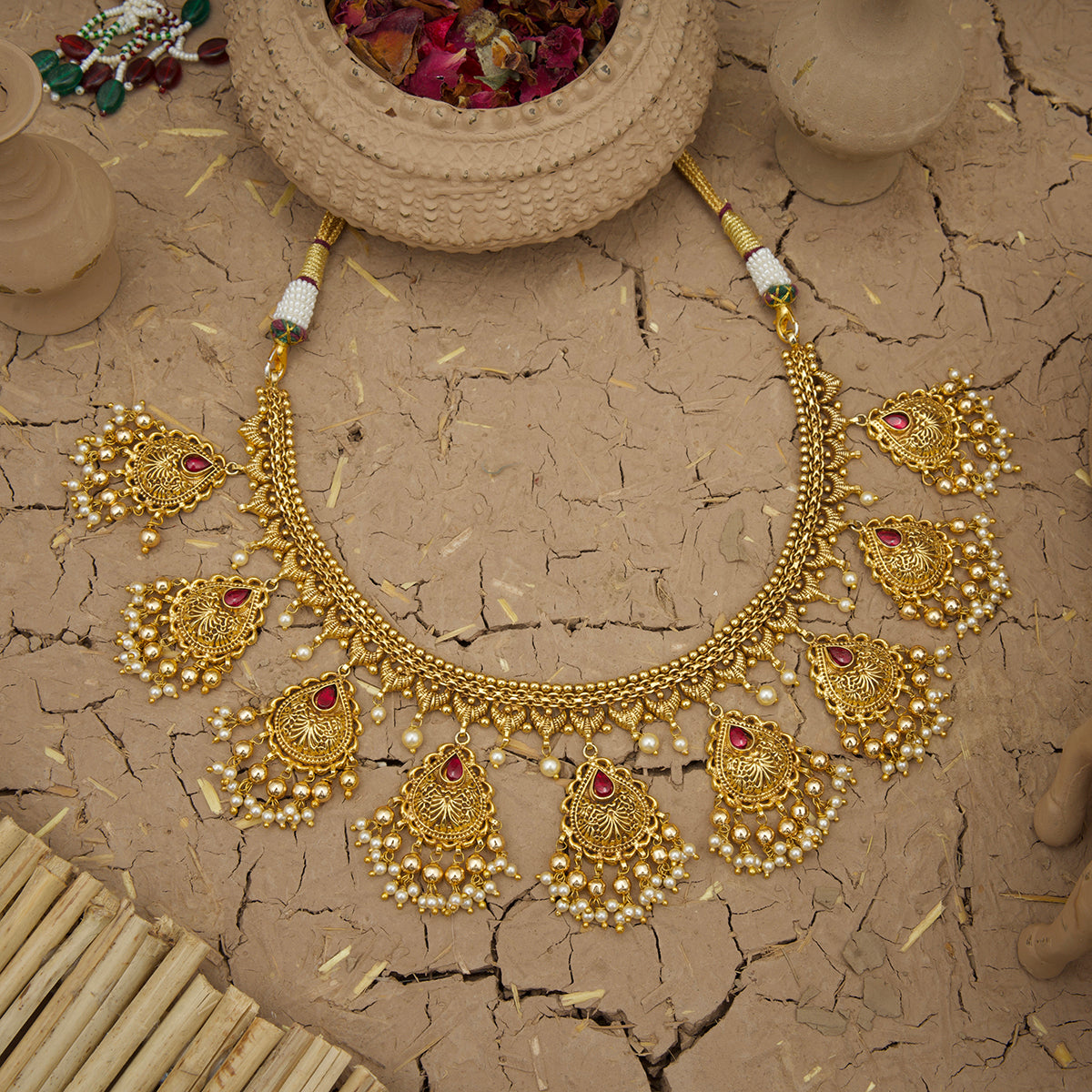 Ambra Necklace Earrings Tikka Handcrafted Gold Plated