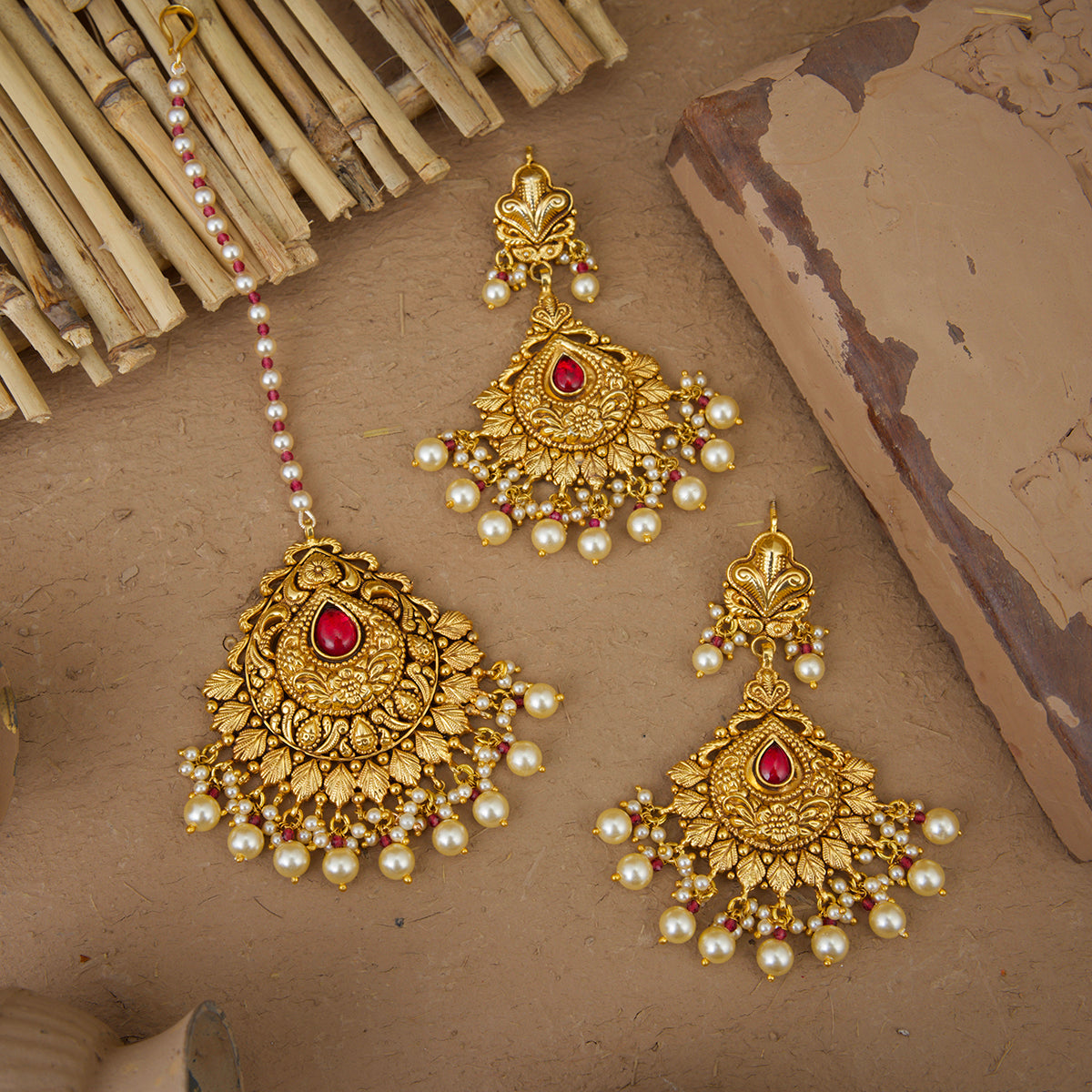 Afsheen Necklace Earrings Tikka Handcrafted Gold Plated