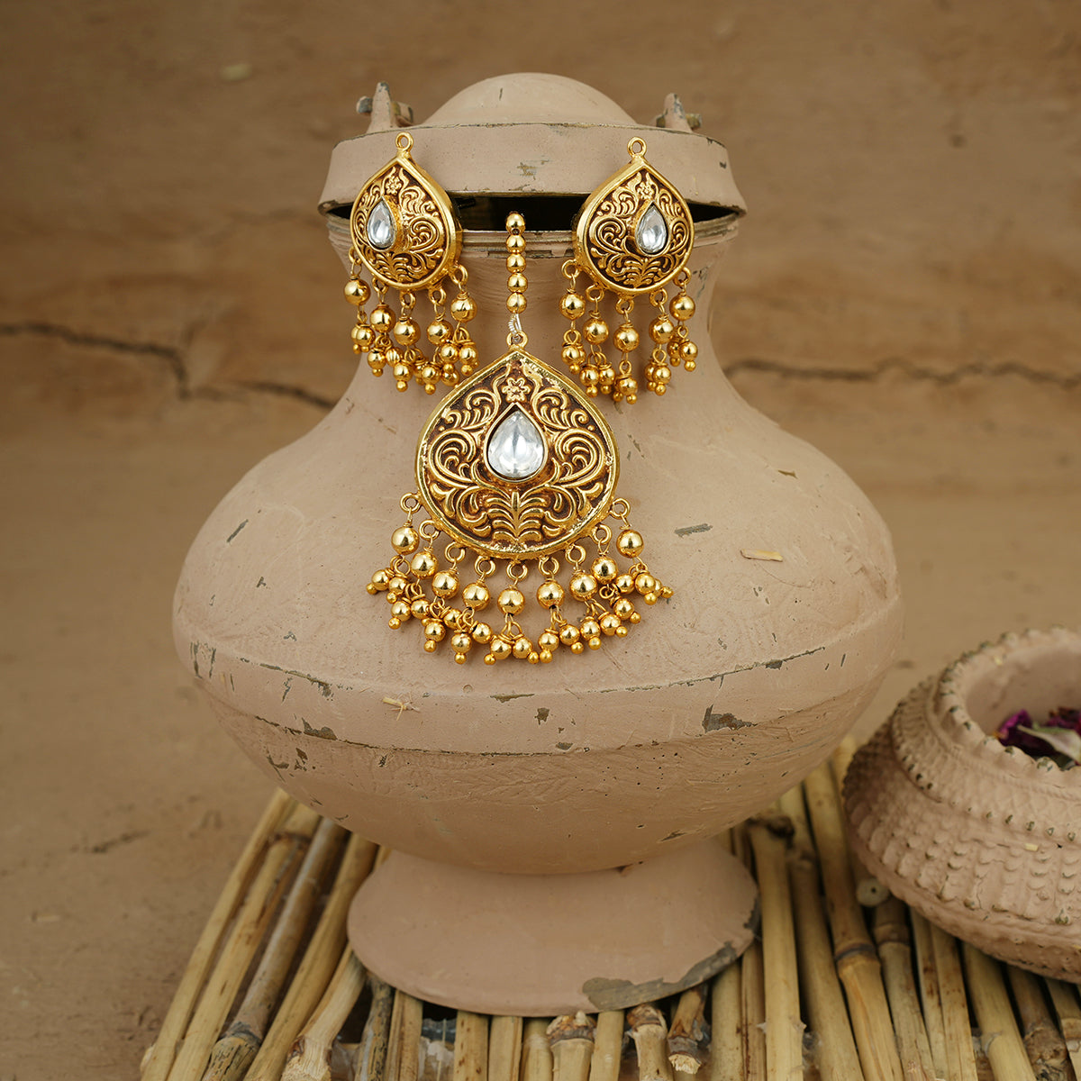 Fiza Necklace Earrings Tikka Handcrafted Gold Plated