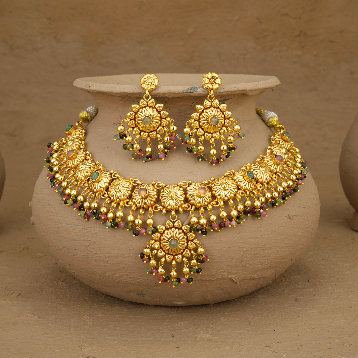 Aashi Necklace Earrings Tikka Handcrafted Gold Plated