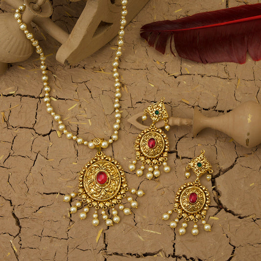 Iram Necklace Earrings Tikka Handcrafted Gold Plated