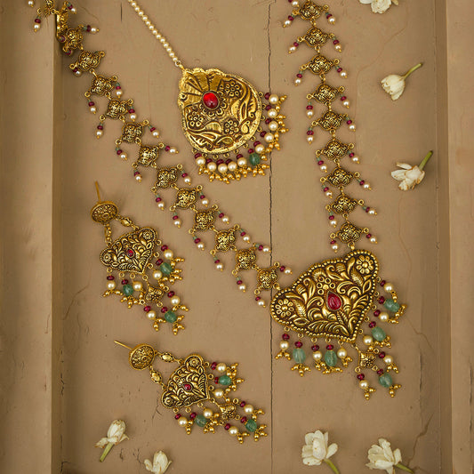 Rimi  Ranihaar Earrings Tika Set Handcrafted Gold Plated