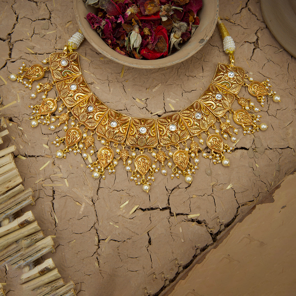 Aafra Necklace Earrings Tika Handcrafted Gold Plated