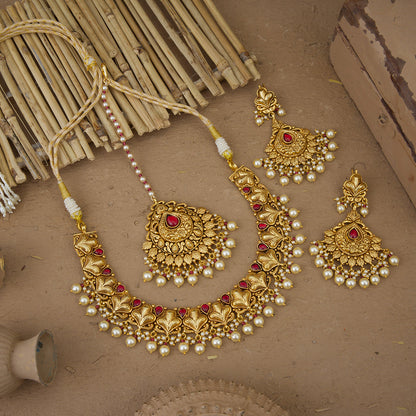Afsheen Necklace Earrings Tikka Handcrafted Gold Plated