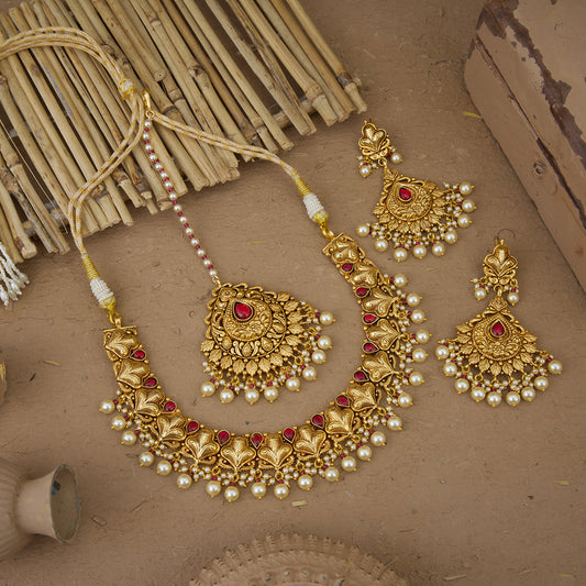 Afsheen Necklace Earrings Tikka Handcrafted Gold Plated