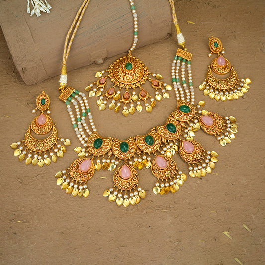 Anshi Necklace Earrings Tikka Handcrafted Gold Plated