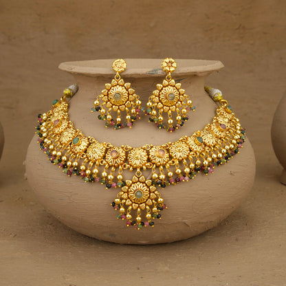 Aashi Necklace Earrings Tikka Handcrafted Gold Plated