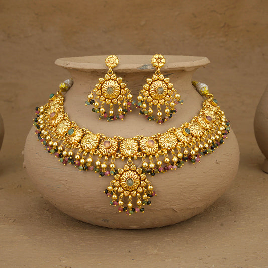 Aashi Necklace Earrings Tikka Handcrafted Gold Plated