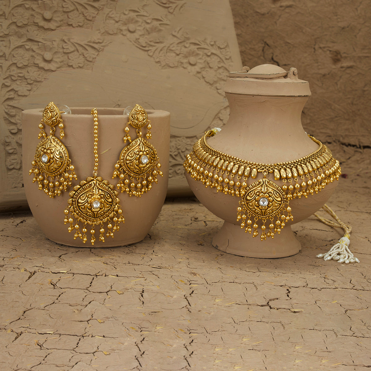 Eira  Necklace Earrings Tikka Handcrafted Gold Plated