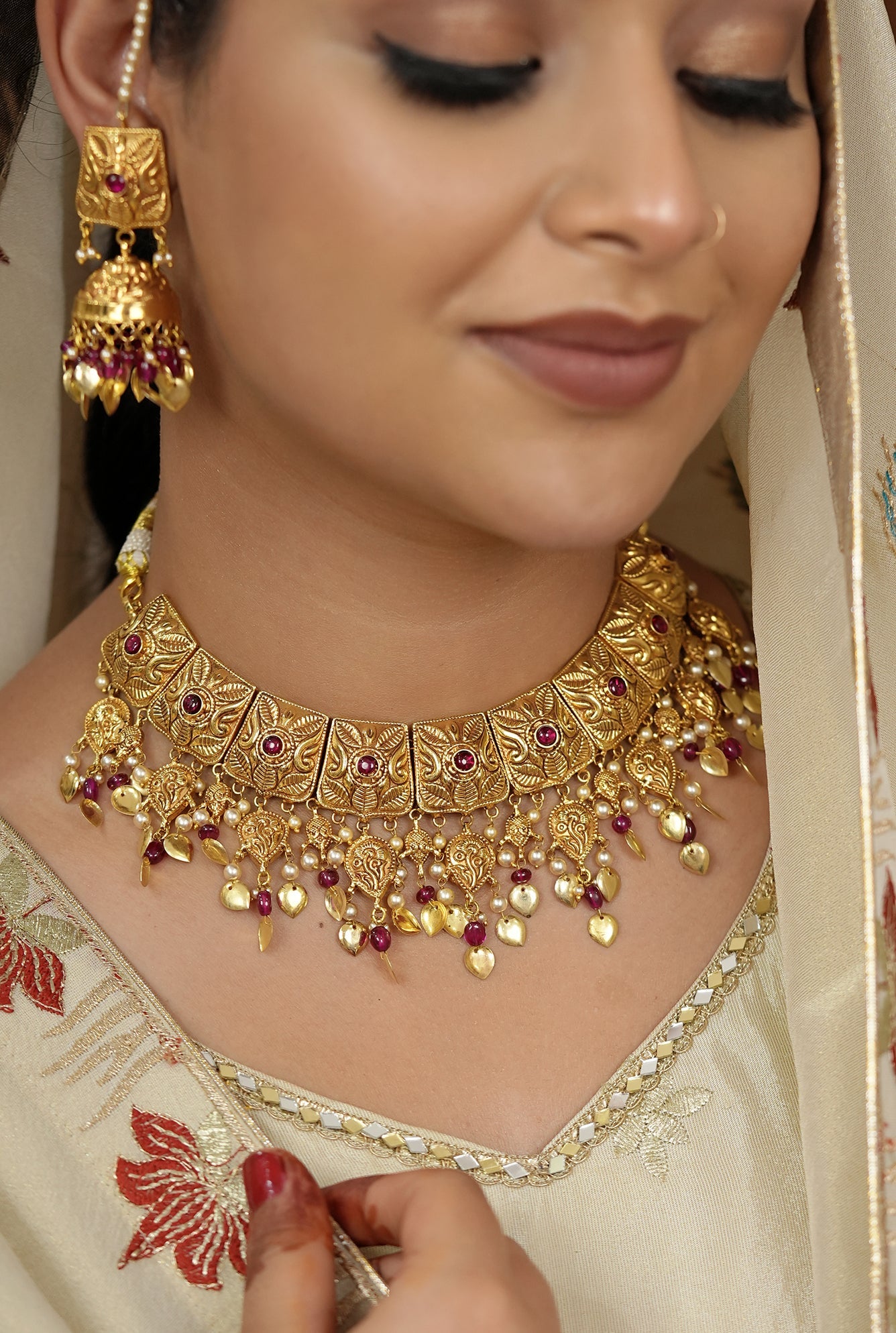 Chand  Necklace Earing Tika Handcrafted Gold Plated