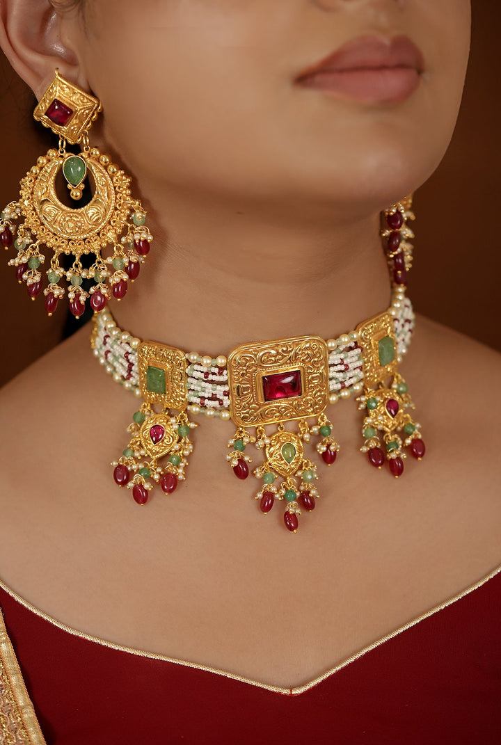 Babool choker Earing Tikka Handcrafted Gold Plated